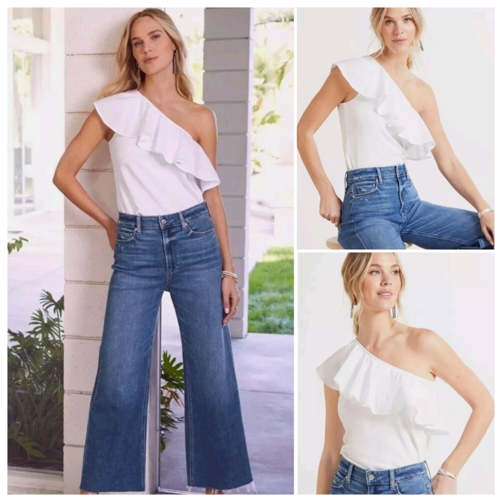 Nation LTD | Optic White Noella Ruffle One Shoulder Tee Top Small
